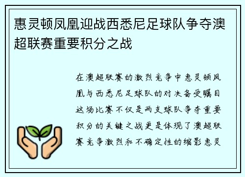 惠灵顿凤凰迎战西悉尼足球队争夺澳超联赛重要积分之战
